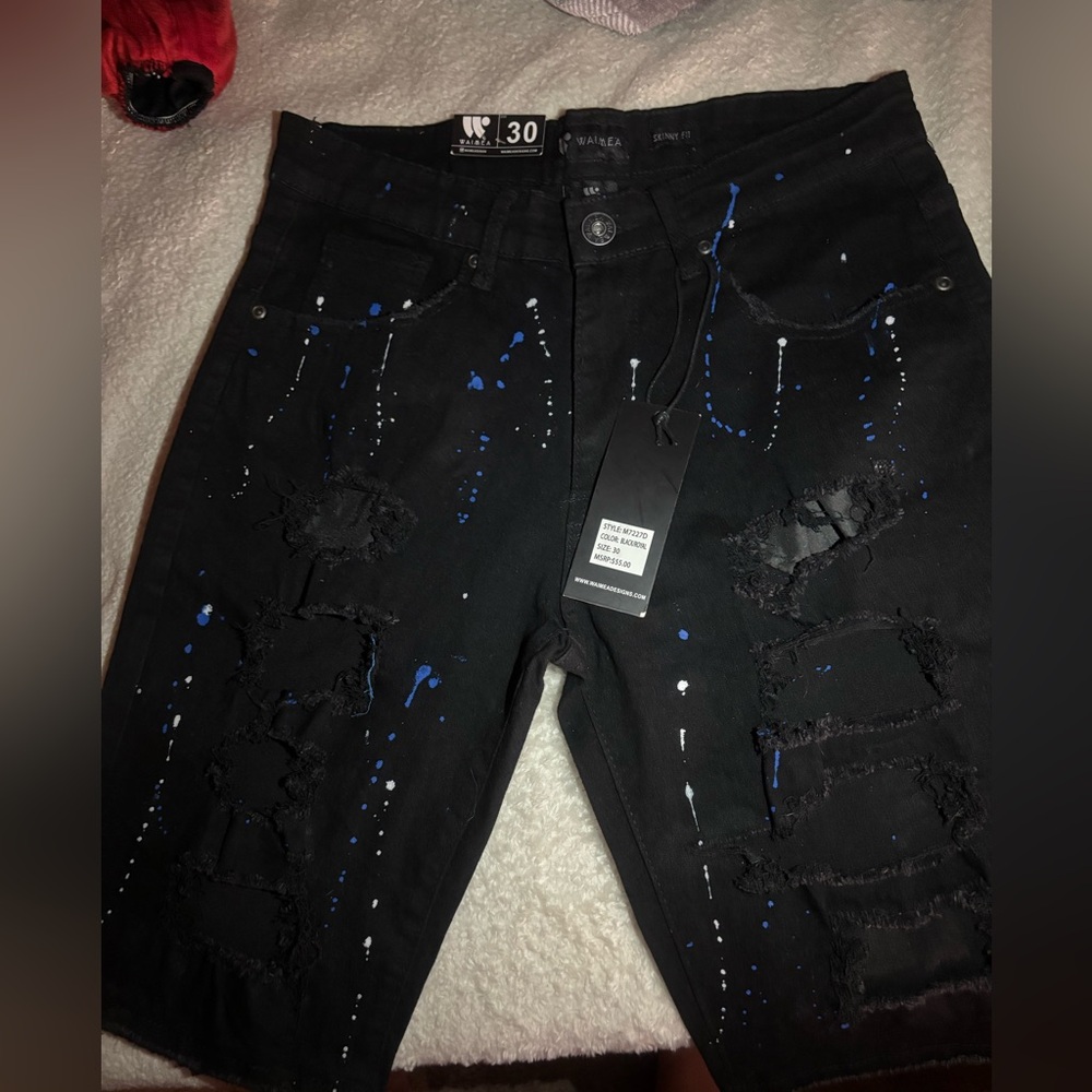 Men's Black Distressed Jean Shorts with Blue Splatter